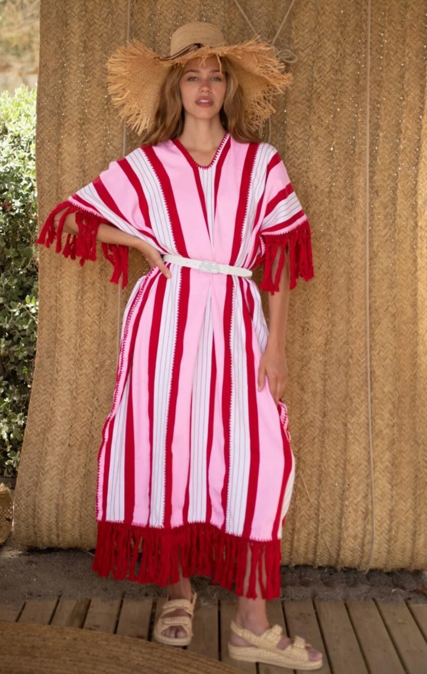 PIPPA HOLT Kaftan No.539 in Pink White Red Fringe One Size Luxury Vacation
